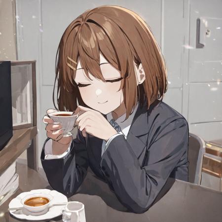 39175-1983263974-1girl, hirasawa yui, sitting behind desk, with a teacup in hand, eyes closed, portrait, (masterpiece), cinematic, beautiful ligh.png